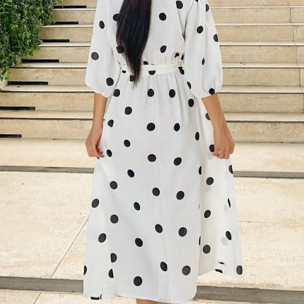White Casual Women's Polka Dot Print V Neck Wrap Dress With Lantern Sleeve - Picture 6 of 6